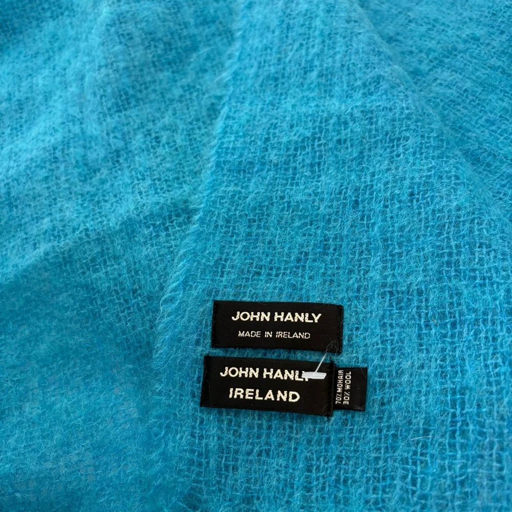 John Hanly Made in Ireland Bright Light Blue Artsy Knit Fringe Scarf Mohair Wool